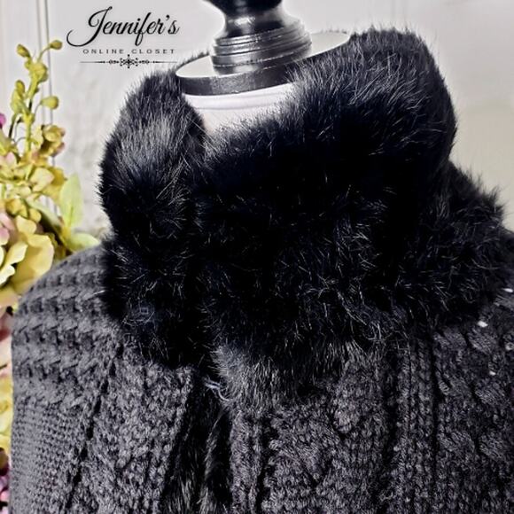 Essentiel Antwerp Black Wool Cable Knit Faux Mink Trimmed Cardigan - Picture 2 of 13